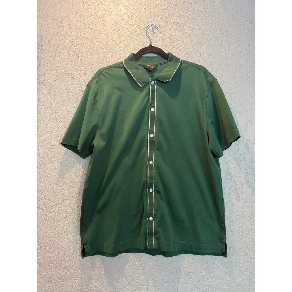 Banana Republic Luxe Touch Mens Large Green Full Button Down Polo Shirt Piping